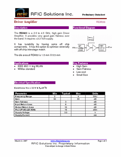 Rficsolutions.Inc RDA03 The RDA03 is a 2.0 to 4.0 GHz, high gain Driver
Amplifier. It provides very good gain flatness over
the band. It requires +3.3 Volt supply.
It has tunability by having some off chip
components. It has the option to optimize externally
with off chip interstage match.
The die area of RDA03 is 1.0 mm X 0.5 mm